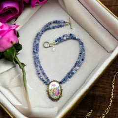 Vintage Limoges Floral Pendant & Blue Kyanite Necklace by Elisabeth Michel-Meyrueix