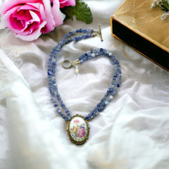 Vintage Limoges Floral Pendant & Blue Kyanite Necklace by Elisabeth Michel-Meyrueix