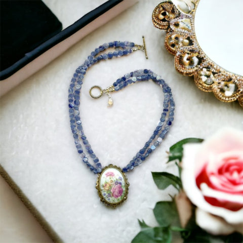 Vintage Limoges Floral Pendant & Blue Kyanite Necklace by Elisabeth Michel-Meyrueix