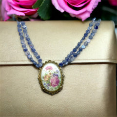 Vintage Limoges Floral Pendant & Blue Kyanite Necklace by Elisabeth Michel-Meyrueix