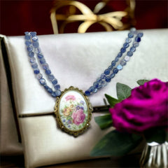 Vintage Limoges Floral Pendant & Blue Kyanite Necklace by Elisabeth Michel-Meyrueix