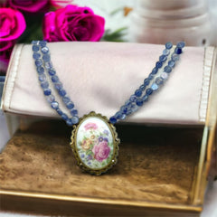 Vintage Limoges Floral Pendant & Blue Kyanite Necklace by Elisabeth Michel-Meyrueix