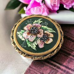 Vintage Limoges Enamel and Brass Signed J. Pineau Round Brooch