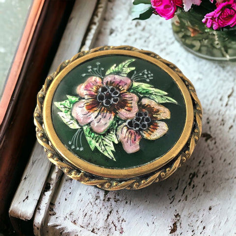 Vintage Limoges Enamel and Brass Signed J. Pineau Round Brooch