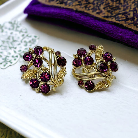 Vintage Lisner Amethyst Rhinestones & Gold Tone Floral Earrings