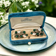 Vintage Lisner Emerald Green Rhinestone & Baby Tooth Faux Pearl Earrings