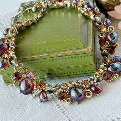 Vintage Lisner Iridescent Amber Glass & Topaz Rhinestone Link Necklace - 1950s