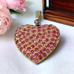 Vintage Pink Rhinestones Pearlized Lucite Heart Pendant