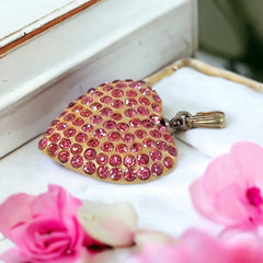 Vintage Pink Rhinestones Pearlized Lucite Heart Pendant