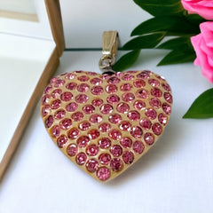 Vintage Pink Rhinestones Pearlized Lucite Heart Pendant