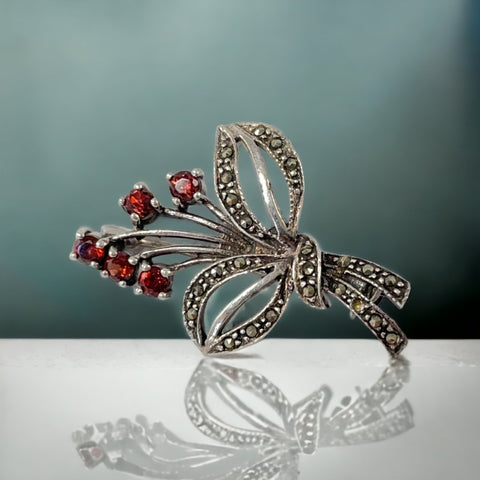 Vintage Garnet and Marcasite Sterling Silver Floral Spray Brooch