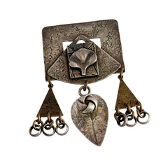 Vintage Marjorie Baer MB SF modernist brooch in textured silver tone and brass with stylized ginkgo leaf and dangling elements, shown from multiple angles to highlight design and condition.