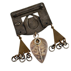 Vintage Marjorie Baer MB SF modernist brooch in textured silver tone and brass with stylized ginkgo leaf and dangling elements, shown from multiple angles to highlight design and condition.