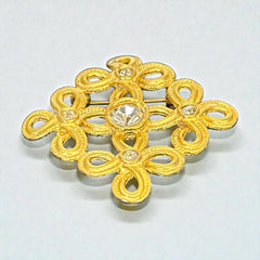 Vintage matte gold tone brooch with textured open loops and clear rhinestones, shown from different angles to highlight its square or diamond shape and detailed craftsmanship