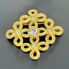 Vintage matte gold tone brooch with textured open loops and clear rhinestones, shown from different angles to highlight its square or diamond shape and detailed craftsmanship