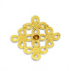 Vintage matte gold tone brooch with textured open loops and clear rhinestones, shown from different angles to highlight its square or diamond shape and detailed craftsmanship