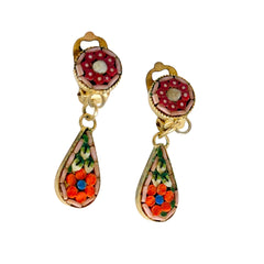 Vintage Italian micro mosaic dangle clip‑on earrings with red, orange, green, and white floral glass tesserae set in gold‑tone metal.