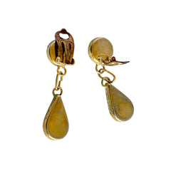 Vintage Italian micro mosaic dangle clip‑on earrings with red, orange, green, and white floral glass tesserae set in gold‑tone metal.