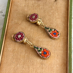 Vintage Italian micro mosaic dangle clip‑on earrings with red, orange, green, and white floral glass tesserae set in gold‑tone metal.