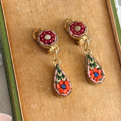 Vintage Italian micro mosaic dangle clip‑on earrings with red, orange, green, and white floral glass tesserae set in gold‑tone metal.
