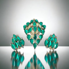 Vintage Emerald & AB Clear Rhinestones Brooch and Earrings Jewelry Set