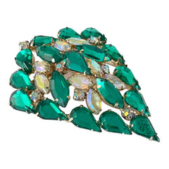 Vintage Emerald & AB Clear Rhinestones Brooch and Earrings Jewelry Set