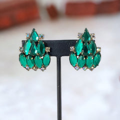 Vintage Emerald & AB Clear Rhinestones Brooch and Earrings Jewelry Set