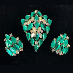 Vintage Emerald & AB Clear Rhinestones Brooch and Earrings Jewelry Set