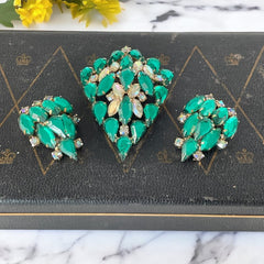 Vintage Emerald & AB Clear Rhinestones Brooch and Earrings Jewelry Set