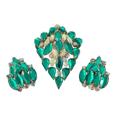 Vintage Emerald & AB Clear Rhinestones Brooch and Earrings Jewelry Set