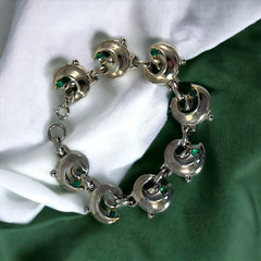 Vintage Mid Century Modern Emerald Rhinestones Crescent Scroll Link Bracelet