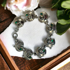 Vintage Mid Century Modern Emerald Rhinestones Crescent Scroll Link Bracelet