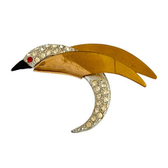Vintage modernist bird brooch in gold and silver tone with pavé rhinestones and black enamel details.