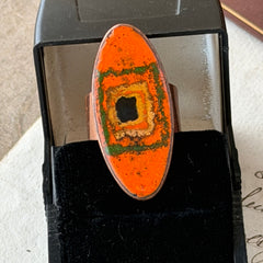 Vintage Brazilian copper ring with orange, green, and gold enamel geometric oval design, adjustable band, signed Artesanato Moida Bitter Belo Horizonte Brazil.