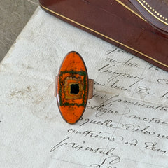 Vintage Brazilian copper ring with orange, green, and gold enamel geometric oval design, adjustable band, signed Artesanato Moida Bitter Belo Horizonte Brazil.