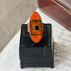 Vintage Brazilian copper ring with orange, green, and gold enamel geometric oval design, adjustable band, signed Artesanato Moida Bitter Belo Horizonte Brazil.