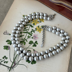 Vintage Monet brushed silver tone two‑strand bead necklace displayed on a black velvet bust and vintage botanical background.