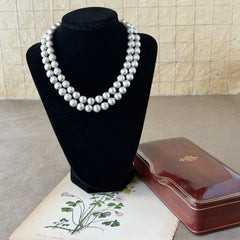 Vintage Monet brushed silver tone two‑strand bead necklace displayed on a black velvet bust and vintage botanical background.