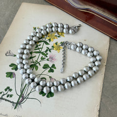 Vintage Monet brushed silver tone two‑strand bead necklace displayed on a black velvet bust and vintage botanical background.