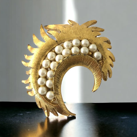 Vintage gold‑tone crescent brooch with brushed finish and faux pearl accents
