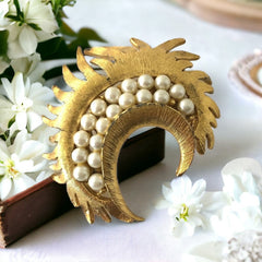 Vintage Faux Pearls Moon Crescent Brooch