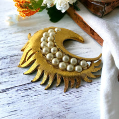 Vintage Faux Pearls Moon Crescent Brooch