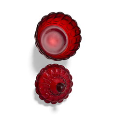 Vintage Moon and Stars ruby red glass candy dish with scalloped bowl and matching lid, featuring embossed celestial motifs and rich translucent color.