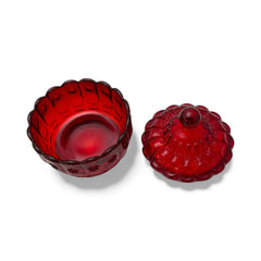 Vintage Moon and Stars ruby red glass candy dish with scalloped bowl and matching lid, featuring embossed celestial motifs and rich translucent color.