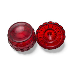 Vintage Moon and Stars ruby red glass candy dish with scalloped bowl and matching lid, featuring embossed celestial motifs and rich translucent color.