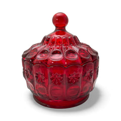 Vintage Moon and Stars ruby red glass candy dish with scalloped bowl and matching lid, featuring embossed celestial motifs and rich translucent color.