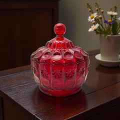 Vintage Moon and Stars ruby red glass candy dish with scalloped bowl and matching lid, featuring embossed celestial motifs and rich translucent color.
