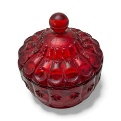 Vintage Moon and Stars ruby red glass candy dish with scalloped bowl and matching lid, featuring embossed celestial motifs and rich translucent color.