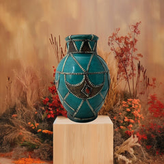 Vintage Moroccan round vase with green glaze, featuring geometric metal decor, four dyed leather inlays with yellow or red bezel-set glass cabochons at their center, and triangle-shaped leather accents around the top, from the 1970s/80s in very good condition.