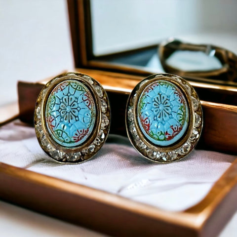 Vintage Turquoise Moroccan Matrix Rhinestone Oval Clip-on Earrings